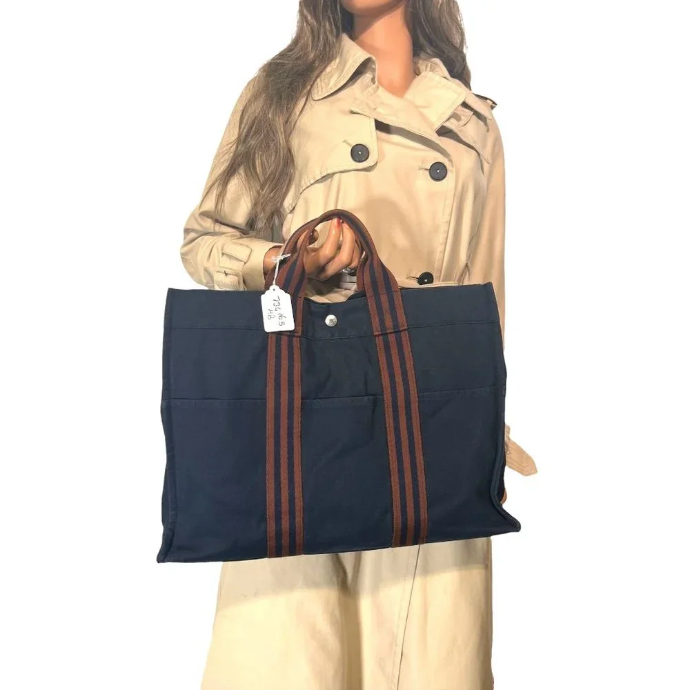 Authentic Hermes Tote Bag Navy Blue Canvas Used Handbag Vintage